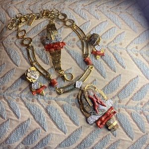 Jay Jansen coral and brown quartz necklace, earrings and bracelet.